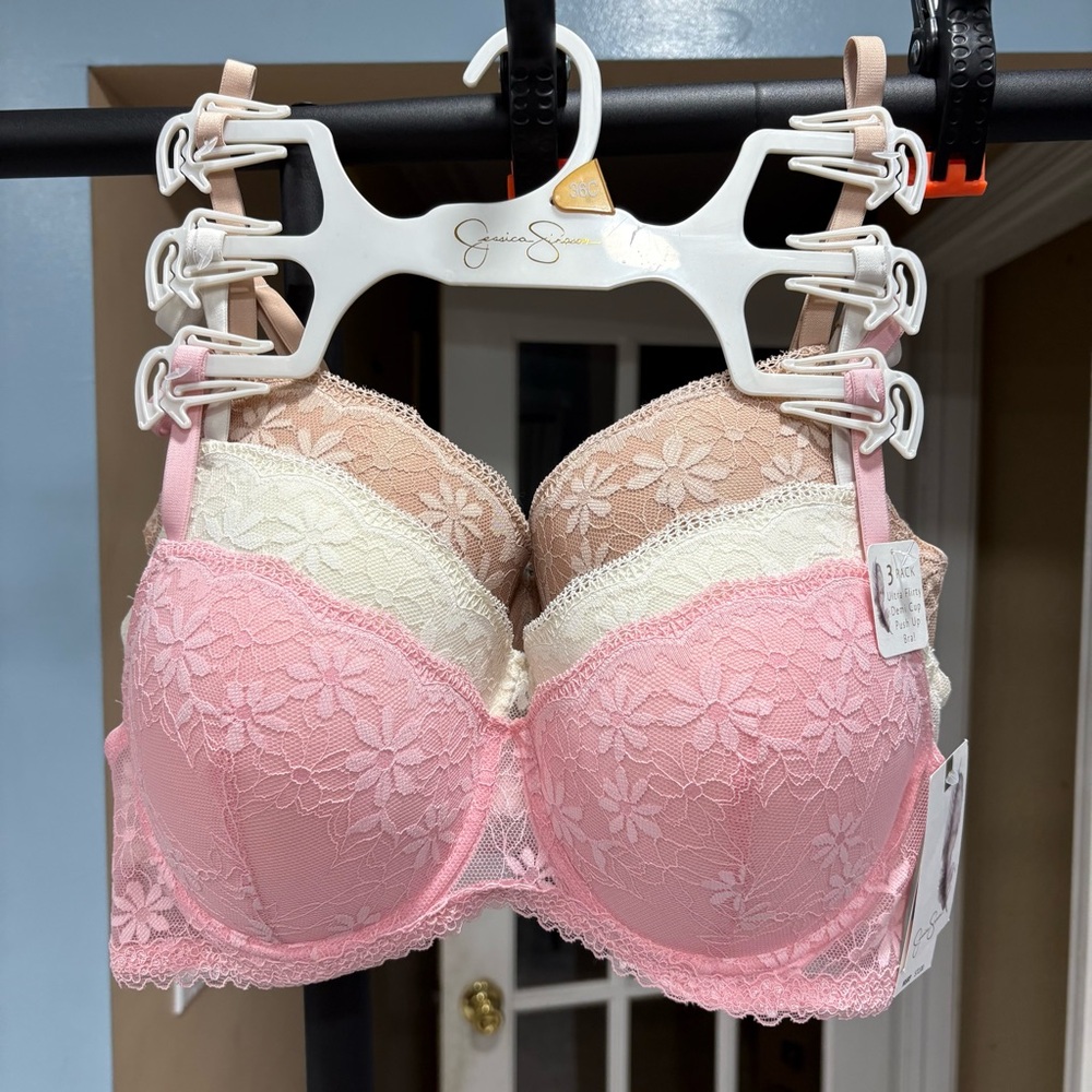 Jessica Simpson Demi Cup Push Up Floral Lace Bra 3-pack Pink, Cream, Tan